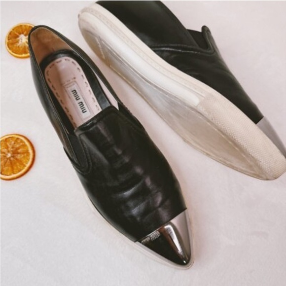 Miu Miu Shoes - Miu Miu Womens Skate Shoes Black Leather Slip On Metal Cap Toe Size 36 Flats